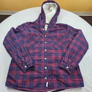 Soho Threads sherpa fleece lined plaid hooded Womens Jacket Red Blue Large